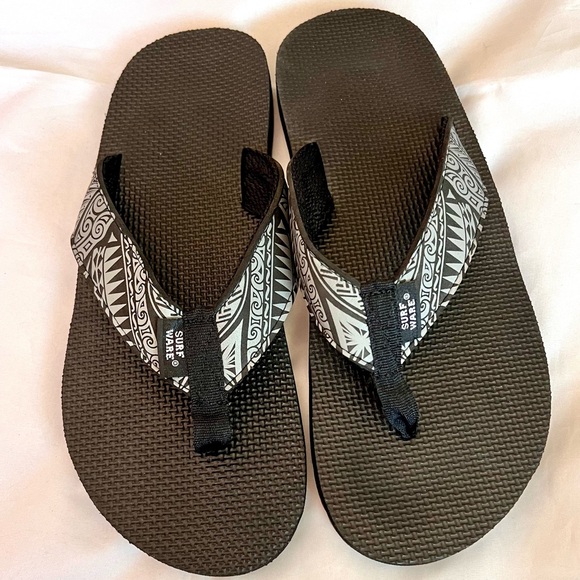 Surf Ware Mens Hawaiian Flip Flops Tapa Cloth Print Straps Blue Black Sz 12 - Picture 7 of 8